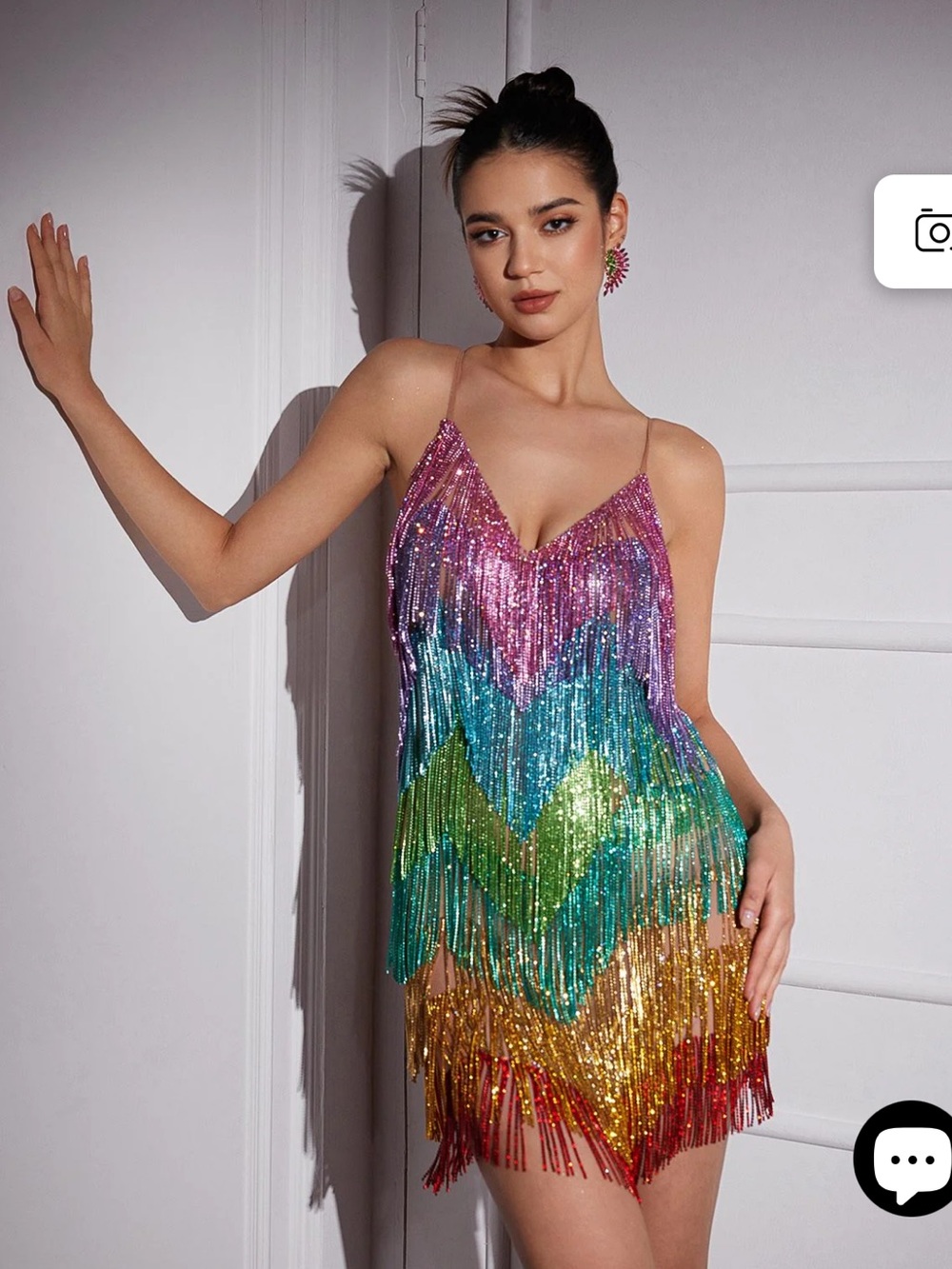 Mew Mews Indy V-Neck Rainbow Crystal Fringe Mini Dress NWT NEW